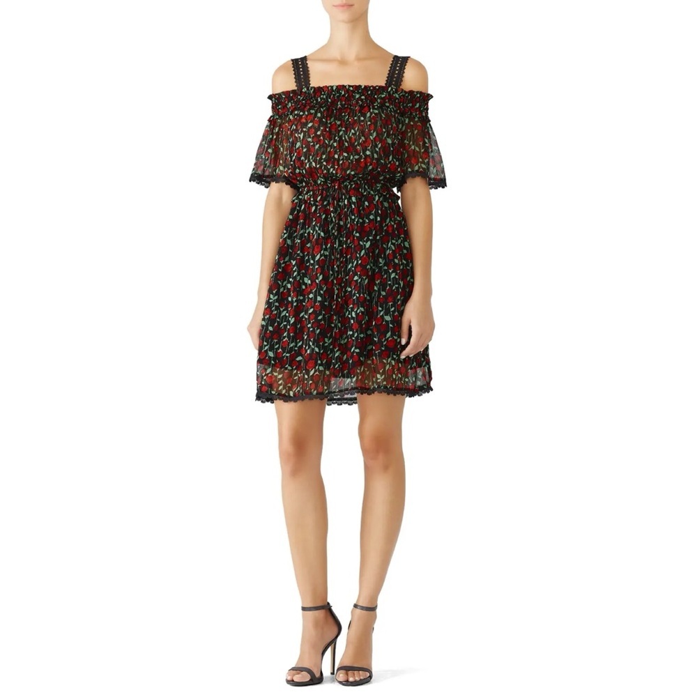 The Kooples Off The Shoulder Rose Print Crinkle Rosa Dress Size 1 Small